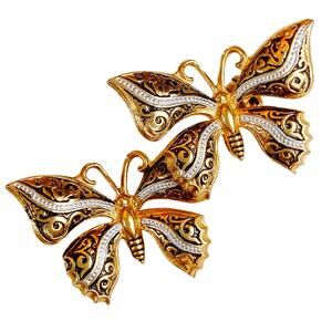 Mid Century Gold Tone Double Butterfly Brooch with Enamel Scrollwork Detail